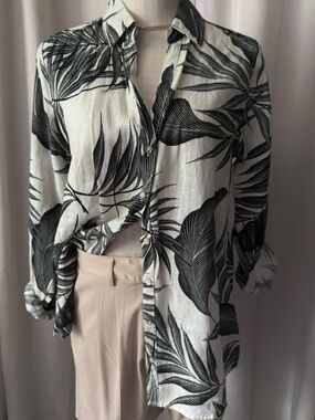 Linen Tropical Leaf Button-Up Shirt